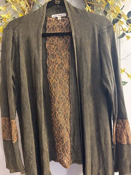 Indigo Thread Co. Sweaters - Indigo Thread Co. Olive Green Waffle Knit Open Front Cardigan with Lace Detail